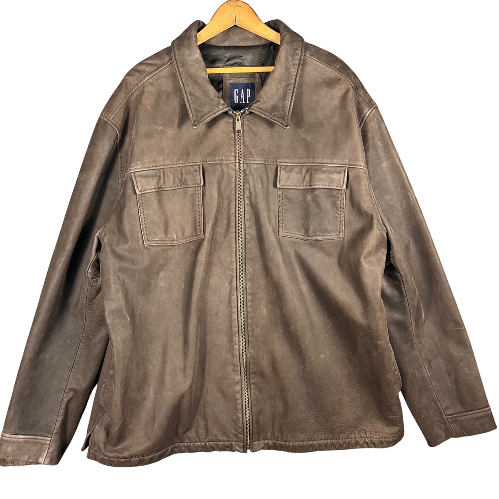 GAP Leather Jacket Mens XXL Brown Full Zip Distressed Vintage Bomber Coat